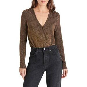 Steve Madden BNWT womens gold glitter faux wrap bodysuit sz small long sleeve